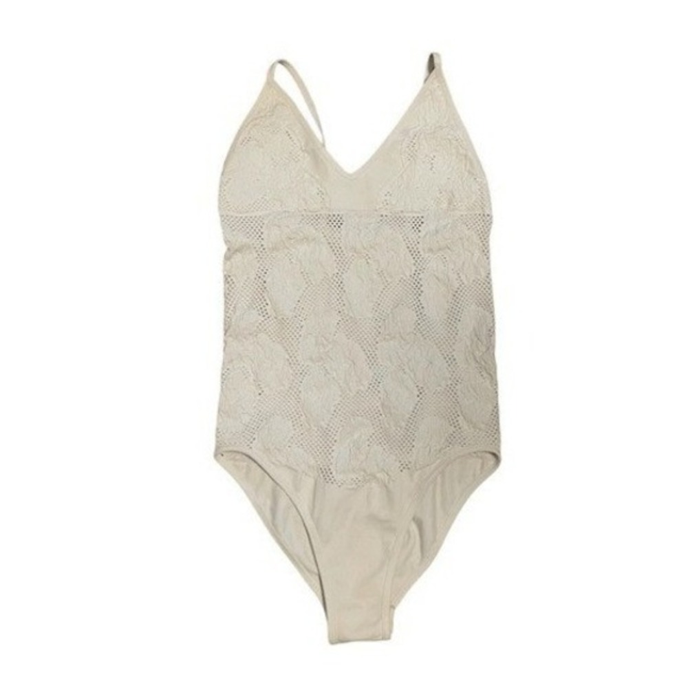 Aura Floral Lace Bodysuit‎ White Mesh Semi-Sheer Cutouts Snap Closure S/M